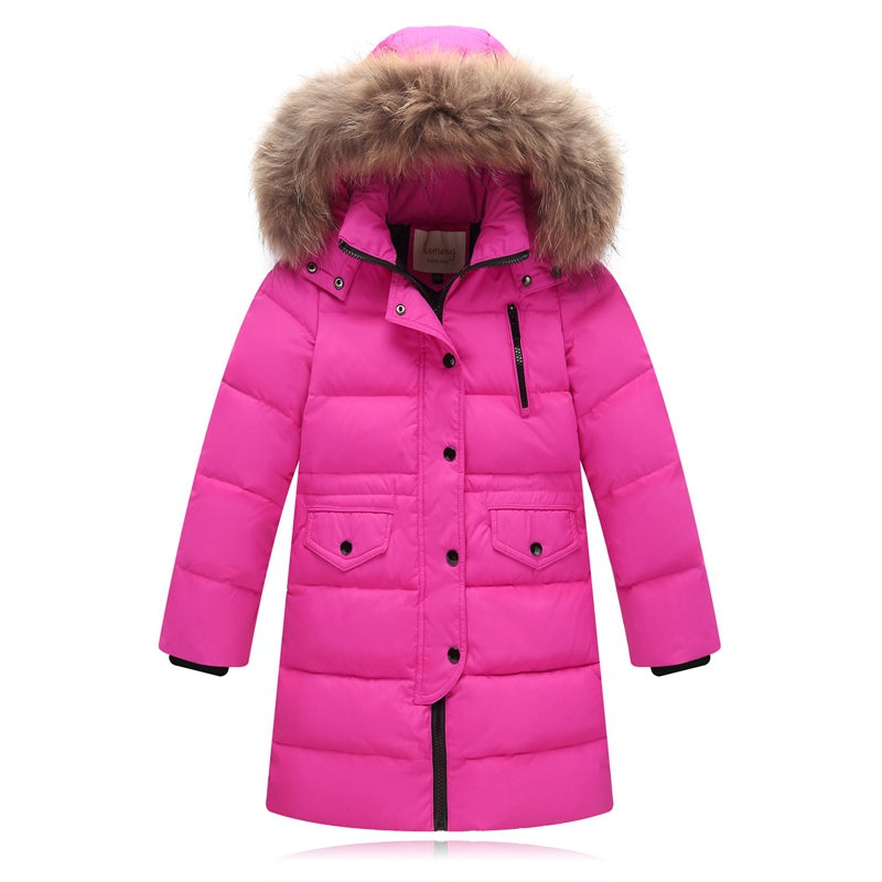 Children's Down Jacket with Fur Collar - Mid-Length Winter Coat